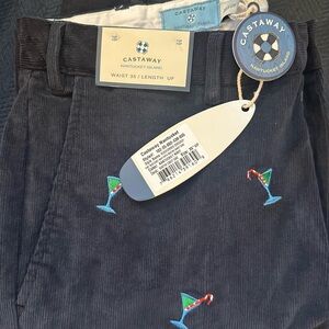 Holiday Castaway Navy Corduroy Pants Martini and Candy Cane Embroidery | 35”